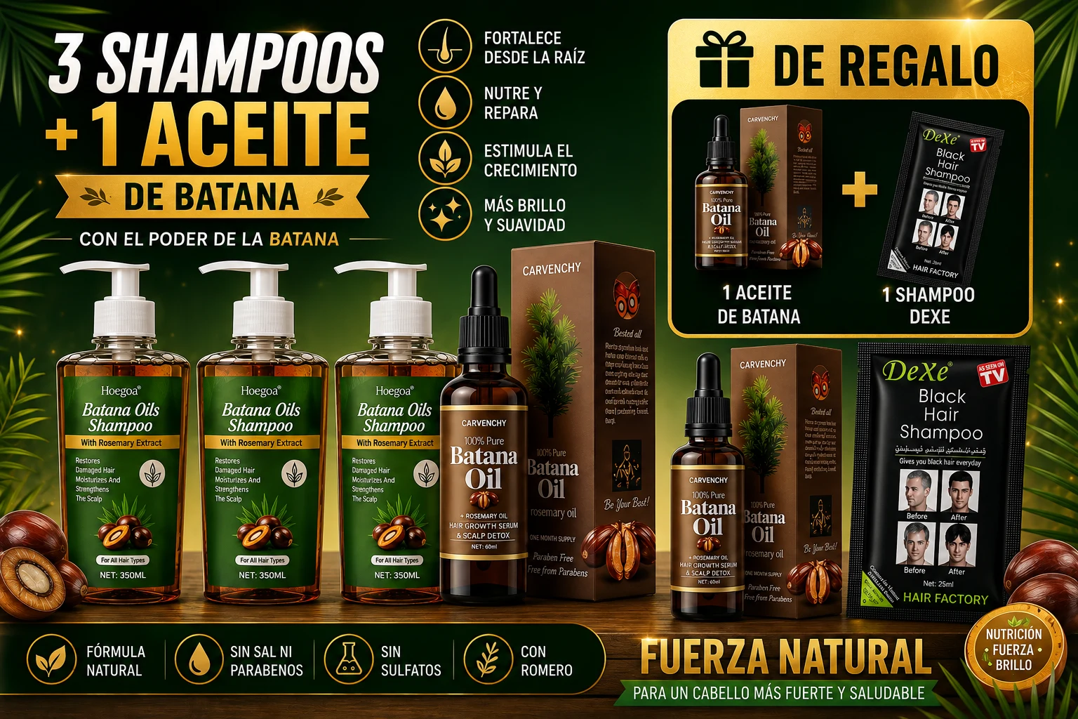 Pack Fuerza Natural Batana: 3 Shampoos Hoegoa 350ml + 1 Aceite Carvenchy 60ml (+ Regalos)